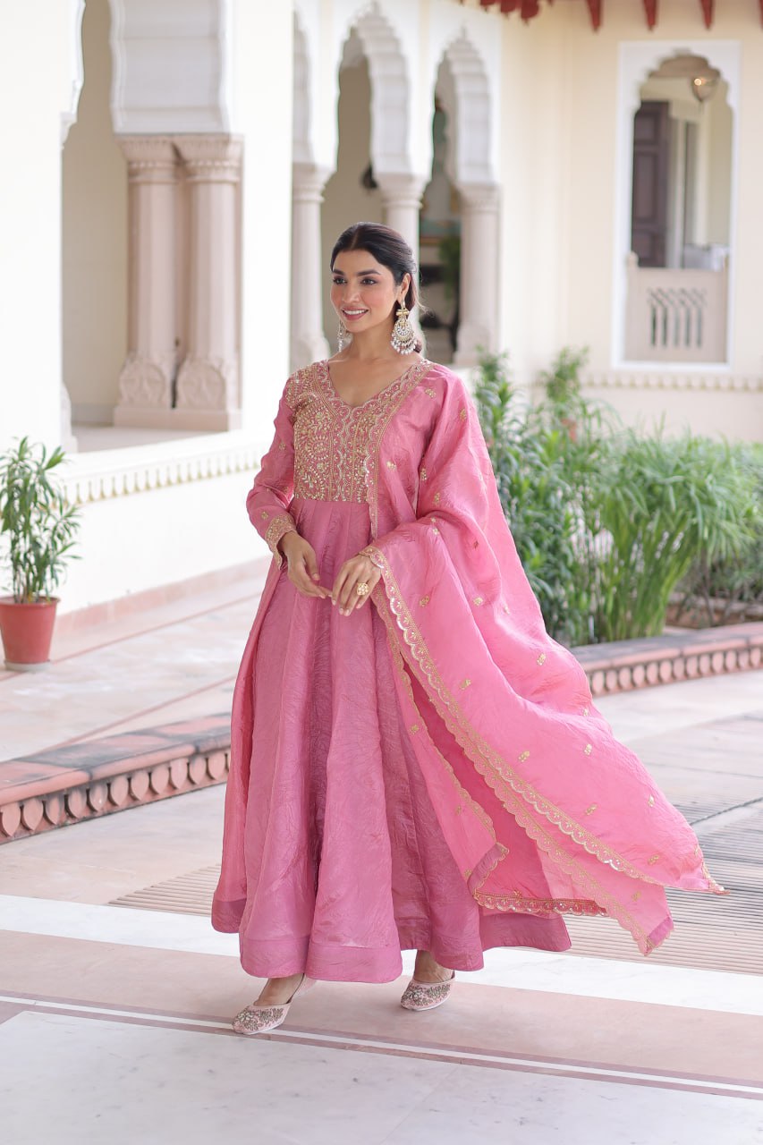 RangBhoomi Premium Ready-Made Gown and Dupatta Set with Elegant Gold Embroidery