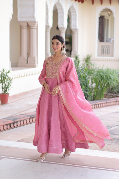 RangBhoomi Premium Ready-Made Gown and Dupatta Set with Elegant Gold Embroidery