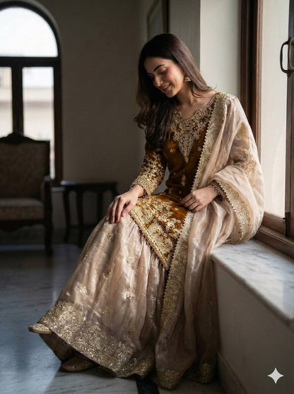 RangBhoomi Exclusive Designer Partywear Set – Pure Heavy GMY Silk with Elaborate Embroidery and Sequins