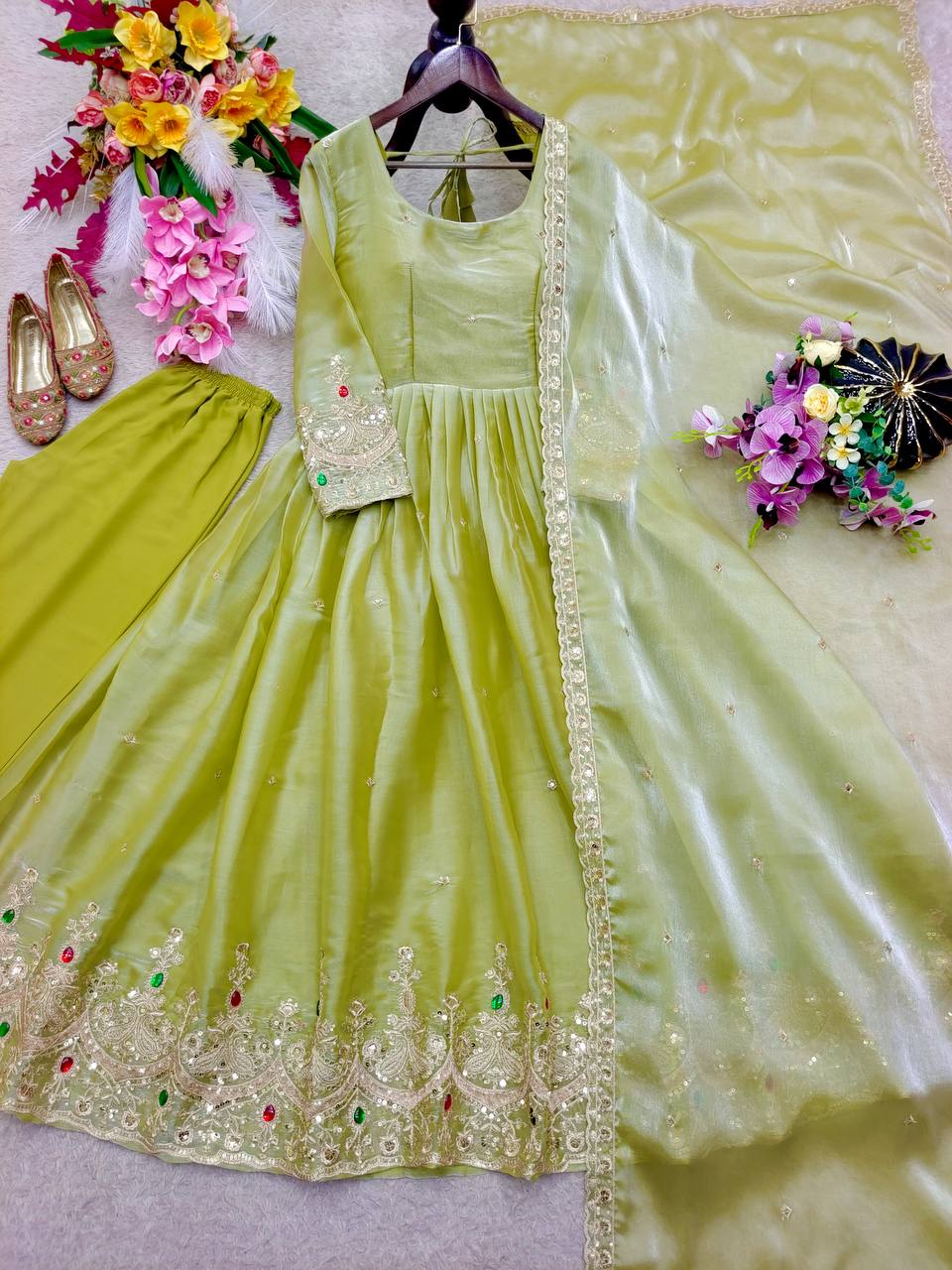 RangBhoomi ZMY Silk Gown, Pants & Dupatta Set - Embroidered Ready-to-Wear Ensemble