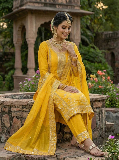 Elegant Designer Ready-to-Wear GMY Silk Three-Piece Set with Heavy Embroidery, Sequins, and Lace Border – Fully Stitched Top, Palazzo, and Dupatta
