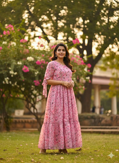 Rosy Retro Georgette Maxi Dress standing in a garden setting.