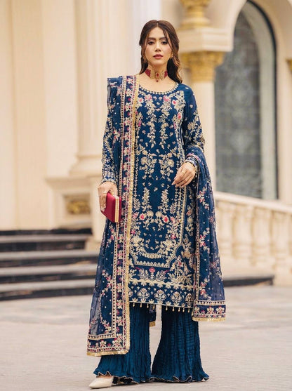 Elegant Ready-to-Wear Designer Set in Faux Georgette with Intricate Heavy Embroidery and Sequins - Fully Stitched Top, Bottom, and Dupatta