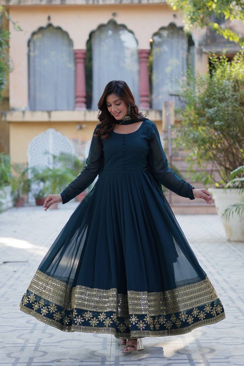 Embroidered Faux Blooming Gown with Dupatta