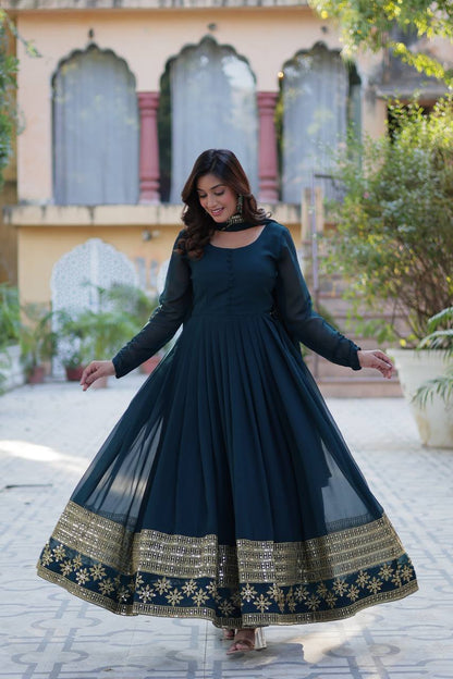 Embroidered Faux Blooming Gown with Dupatta