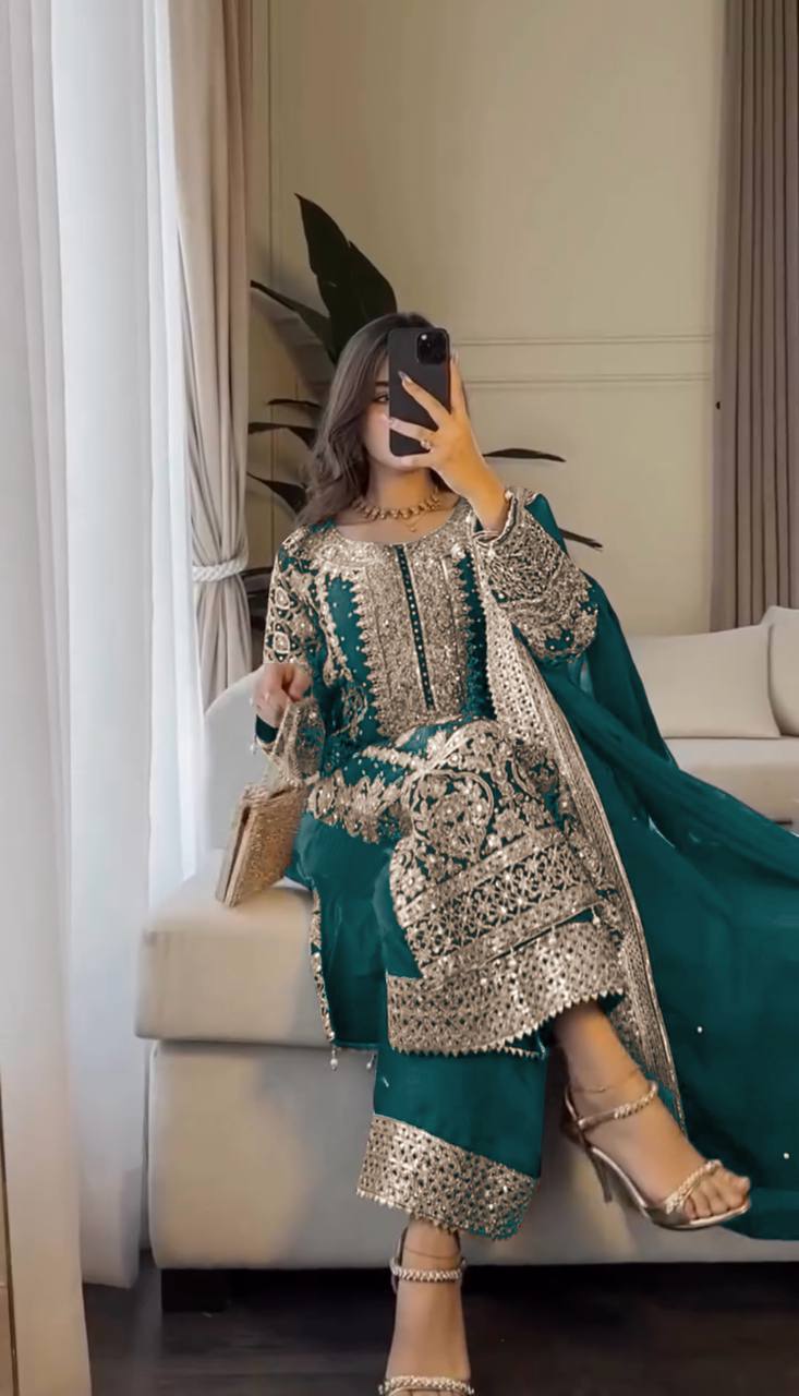 New Collection Faux Georgette Ensemble with Intricate Heavy Embroidery, Sequin Detailing, and Fully Stitched Ready-to-Wear Top, Bottom, and Dupatta Set