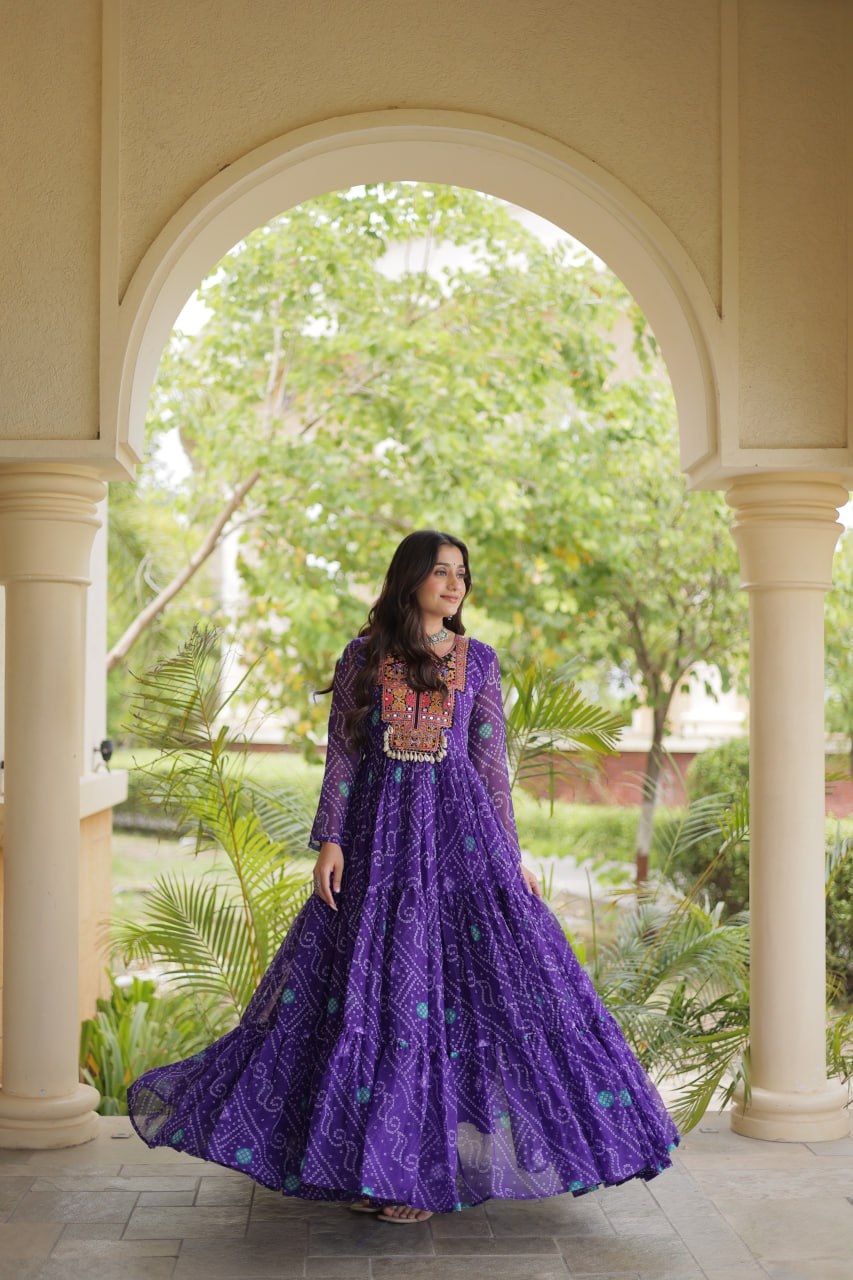 RangBhoomi Bandhani & Kutchi Patchwork Faux Georgette Gown — Festive Navratri Edition