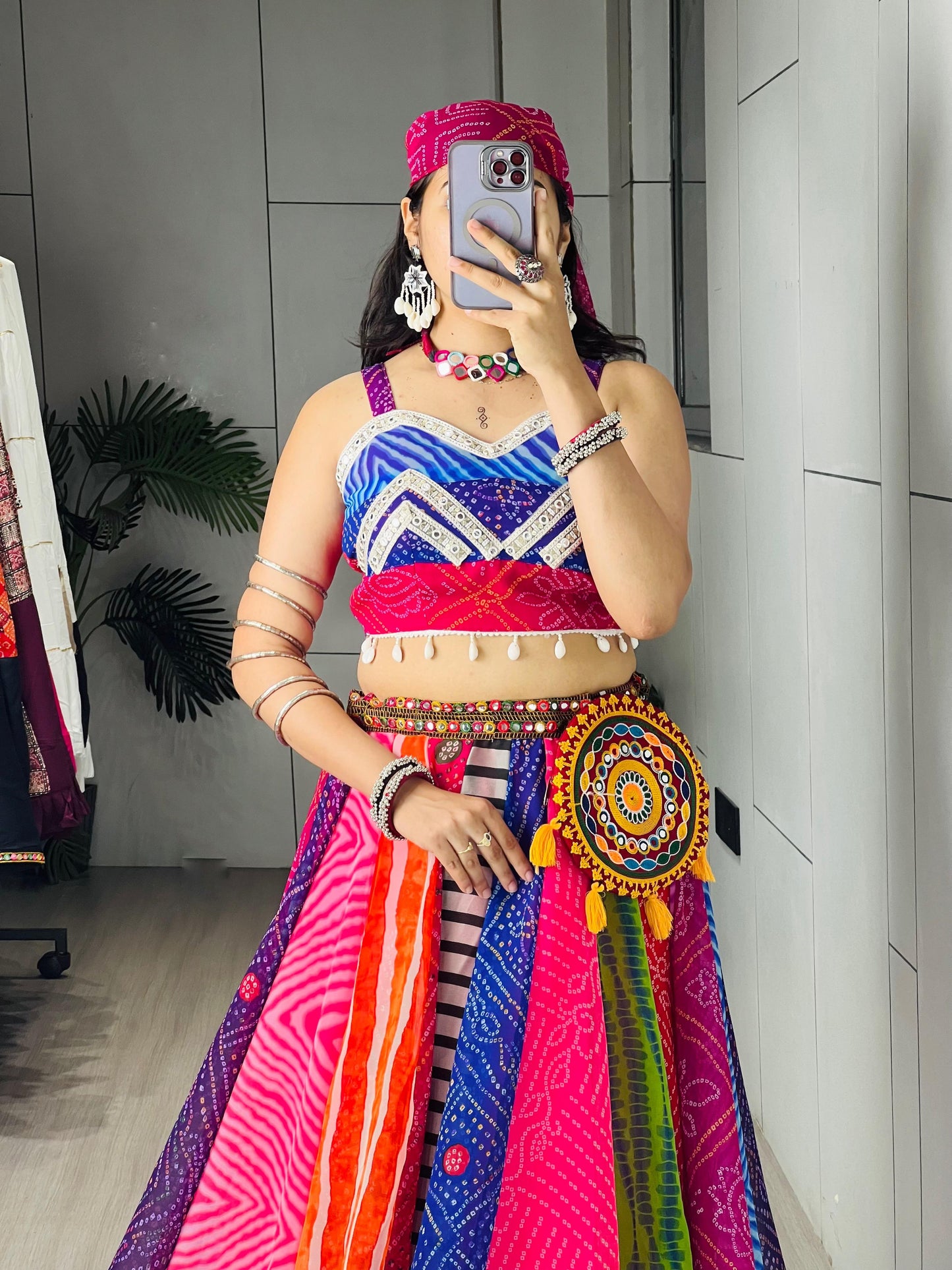 RangBhoomi Multicolor Bandhani-Inspired Chaniya Choli Set — Navratri Ready (Lehenga, Blouse, Scarf & Batwa)