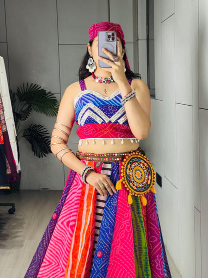 RangBhoomi Multicolor Bandhani-Inspired Chaniya Choli Set — Navratri Ready (Lehenga, Blouse, Scarf & Batwa)