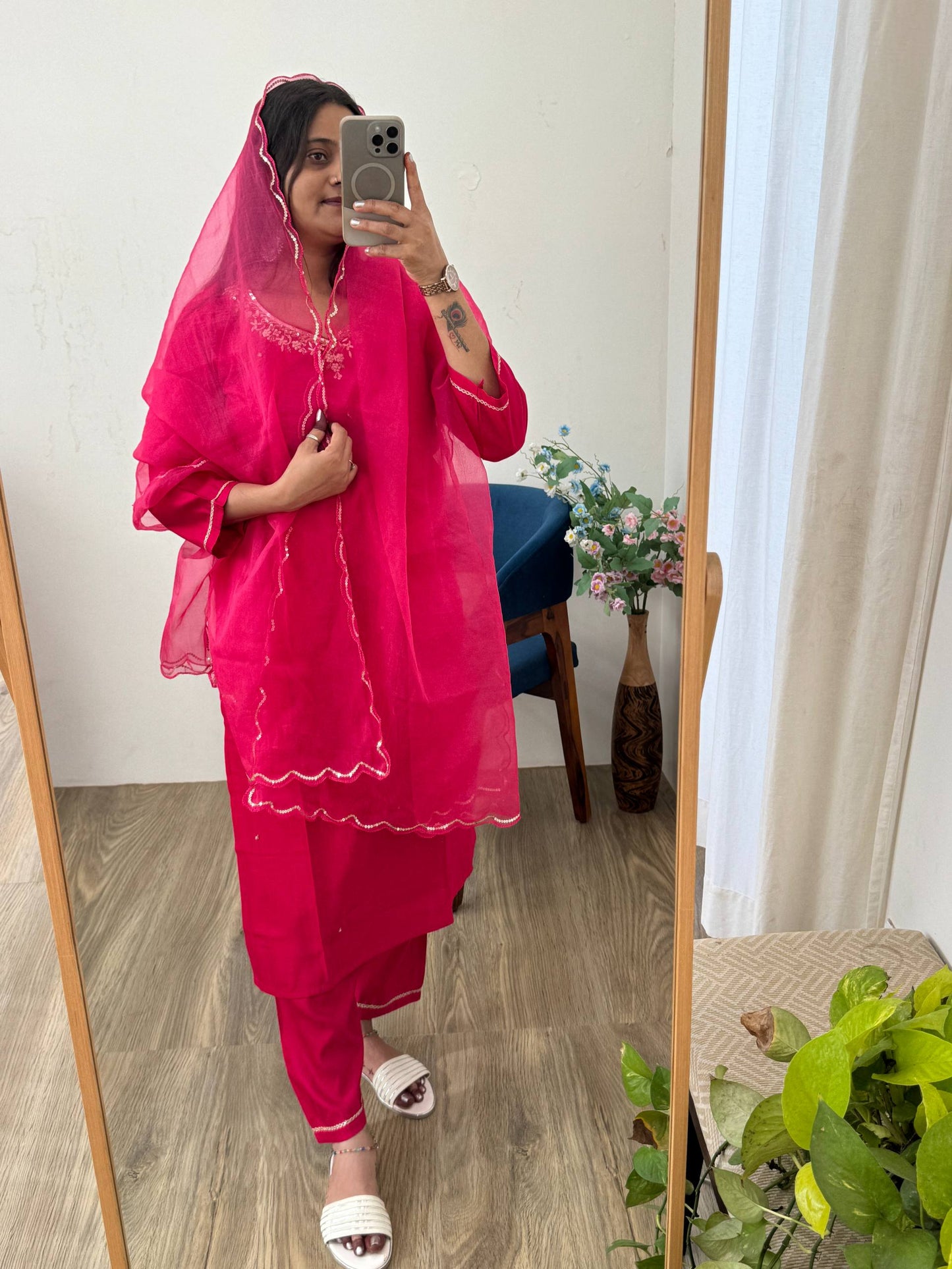 Introducing RangBhoomi Designer Three-Piece Set: Premium Cotton Kurti, Pant, and Organza Silk Dupatta