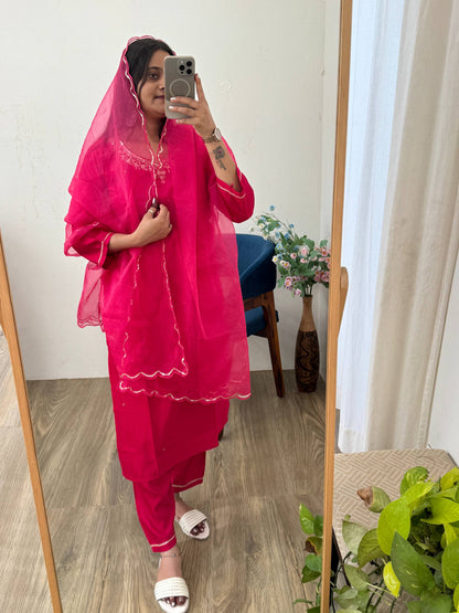 Introducing RangBhoomi Designer Three-Piece Set: Premium Cotton Kurti, Pant, and Organza Silk Dupatta