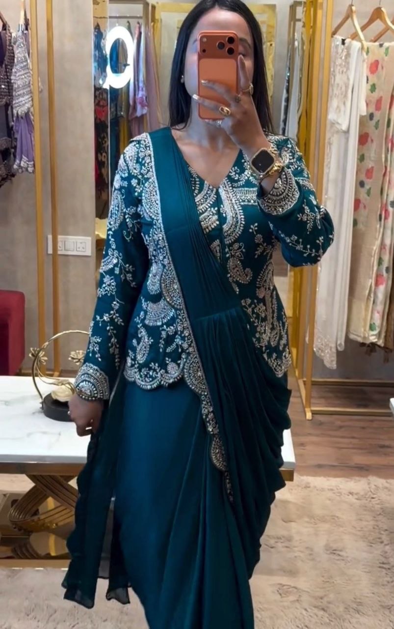 Elegant Ready-to-Wear Saree with Full Embroidered Sequined Jacket in Luxurious Heavy Chinon Fabric