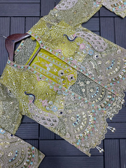 Trendy Party Wear Satin Lehenga with Embroidered Belt and Stylish Net Koti
