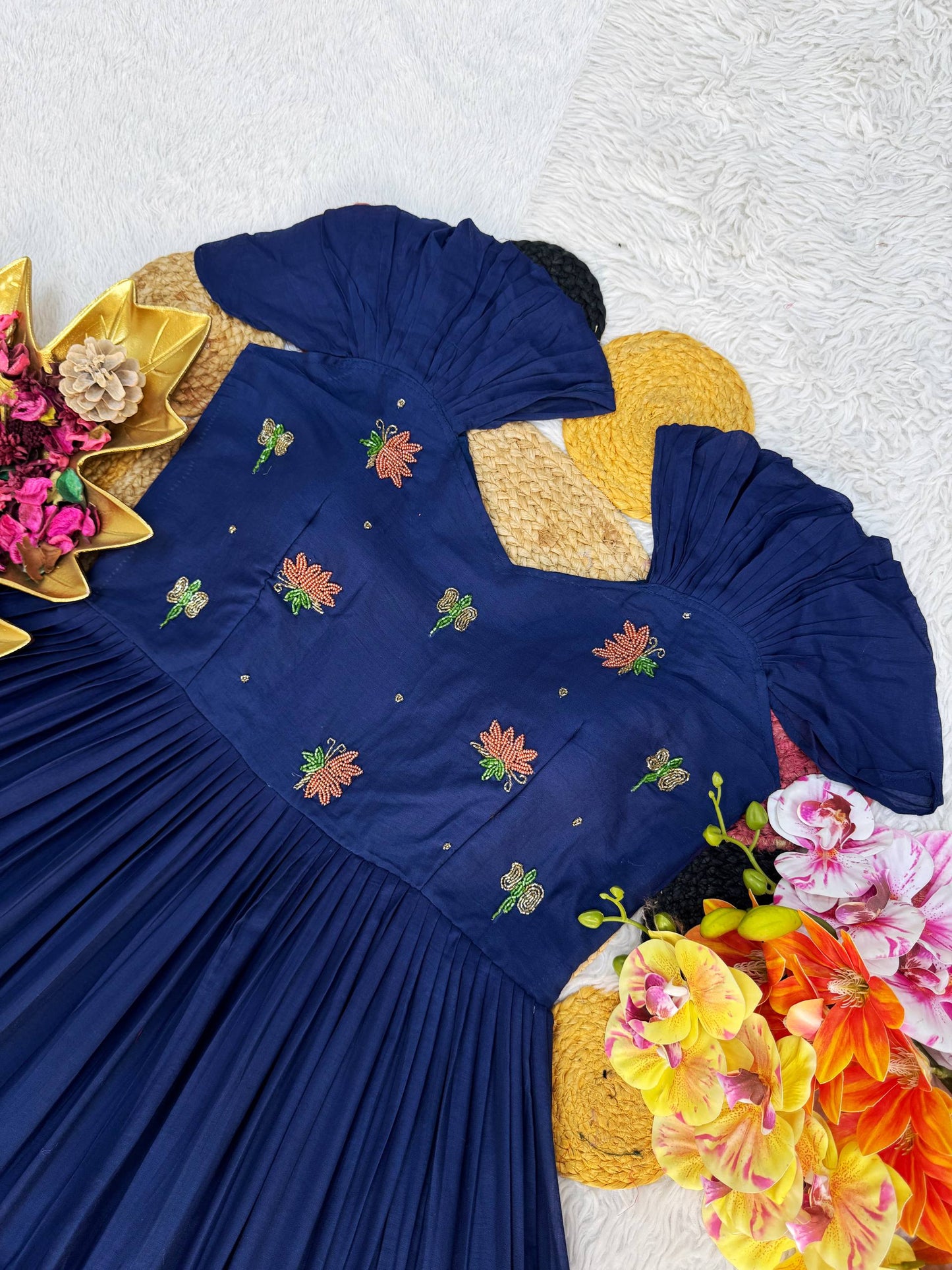 Summer Special Mull-Mull Cotton Gown with Exquisite Maggam Embroidery – Where Elegance Meets Unmatched Comfort