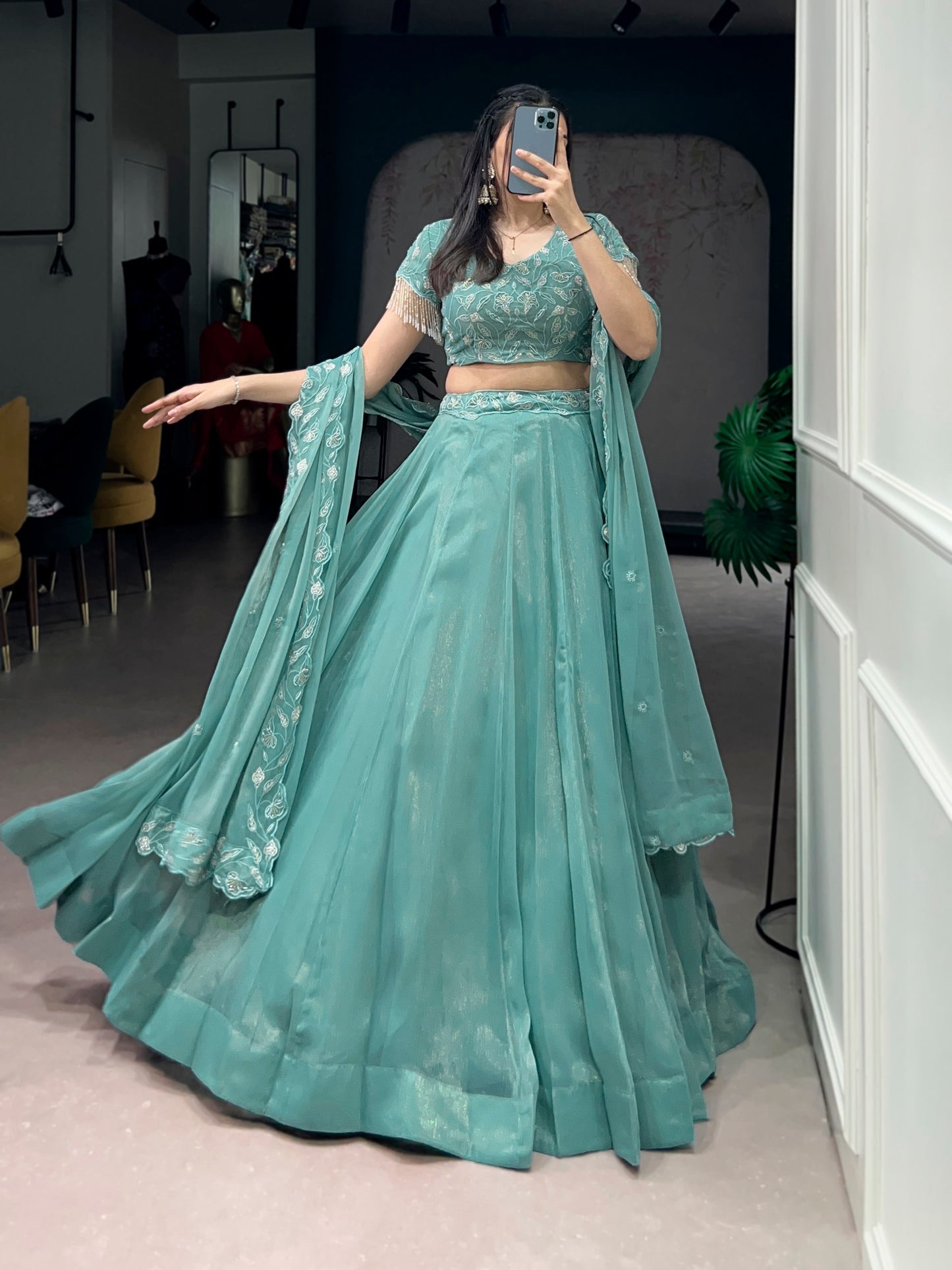 Elegant Embroidered Gold Coin Festival Lehenga with Beads and Threadwork - Complete Set with Dupatta and Blouse