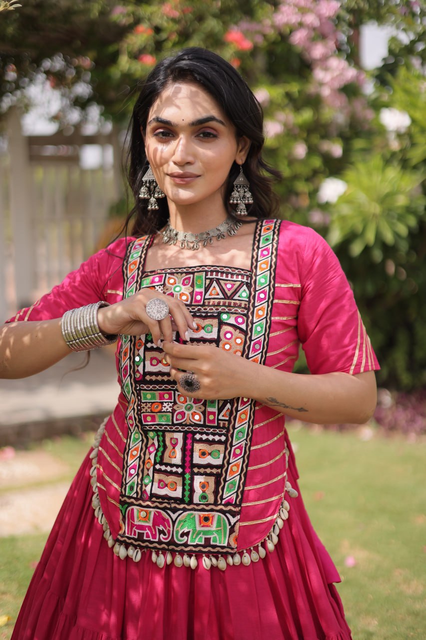 RangBhoomi Navratri 2026 Kora Cotton Full-Stitched Lehenga & Blouse Set — L (40", Adjustable 38–44)