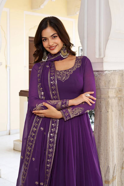 RangBhoomi Elegant SP Series Gown Set with Realistic Modeling - Faux Georgette & Microfiber Fabric, Thread and Sequence Embroidery