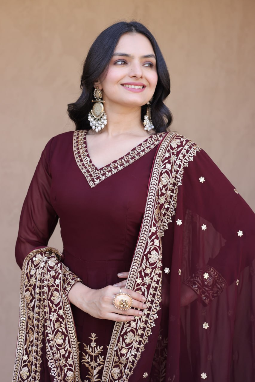 RangBhoomi Premium Readymade Gown with Pant & Dupatta Set - Embroidered Faux Blooming Festive Ensemble