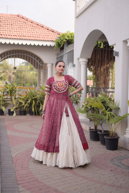 RangBhoomi Navratri 2026 Bandhani Lehenga Set — Full-Stitched Kora Cotton Lehenga with Faux Georgette Kurti