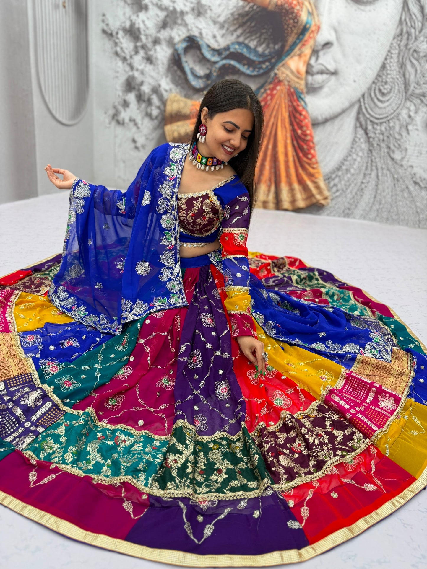 RangBhoomi Navratri Vintage Chaniya Choli — 6m Flair Fox Georgette Lehenga Set