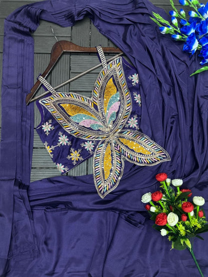 RangBhoomi Ready-to-Wear Saree with Elegant Embroidery and Sequined Blouse – Heavy Crepe Fabric