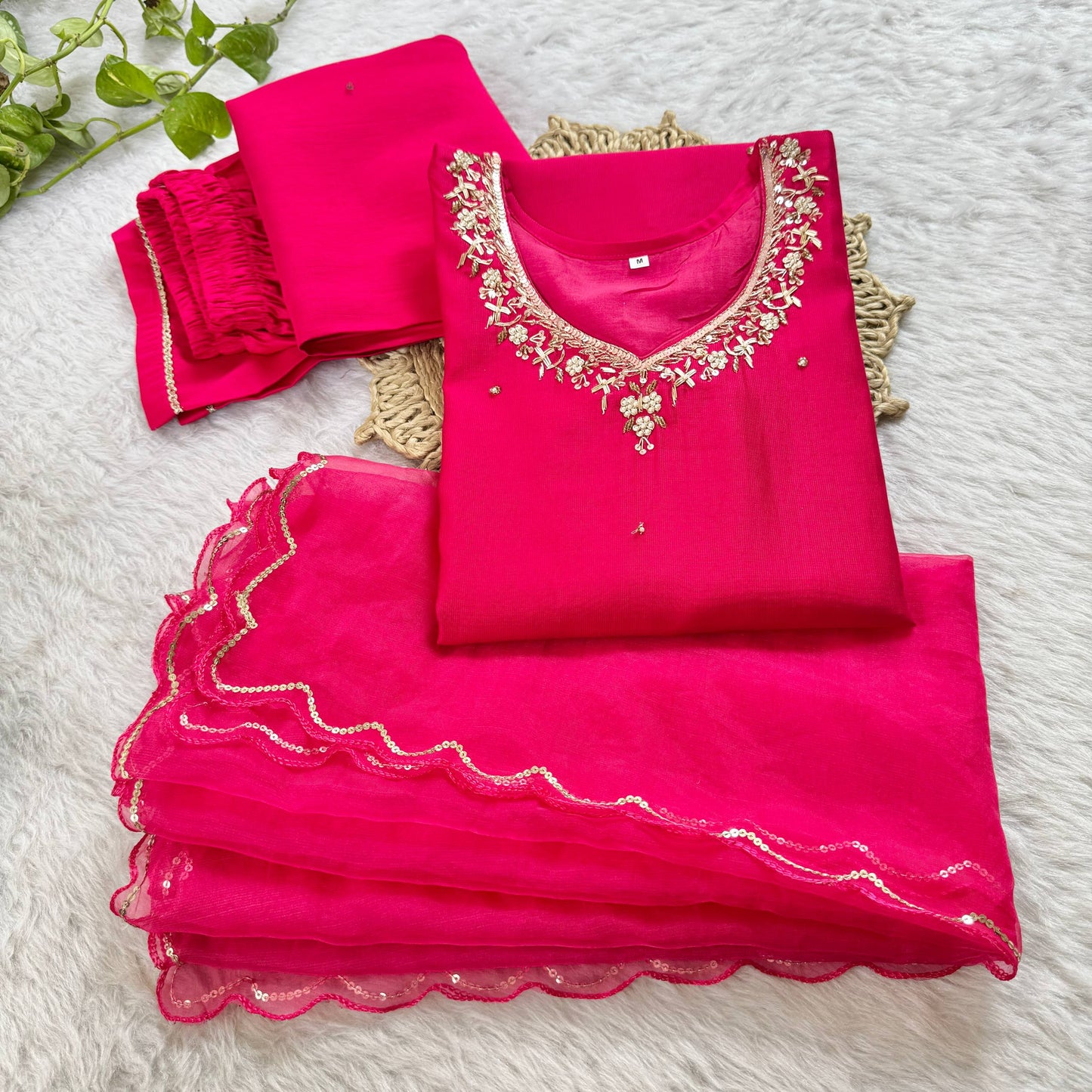 Introducing RangBhoomi Designer Three-Piece Set: Premium Cotton Kurti, Pant, and Organza Silk Dupatta