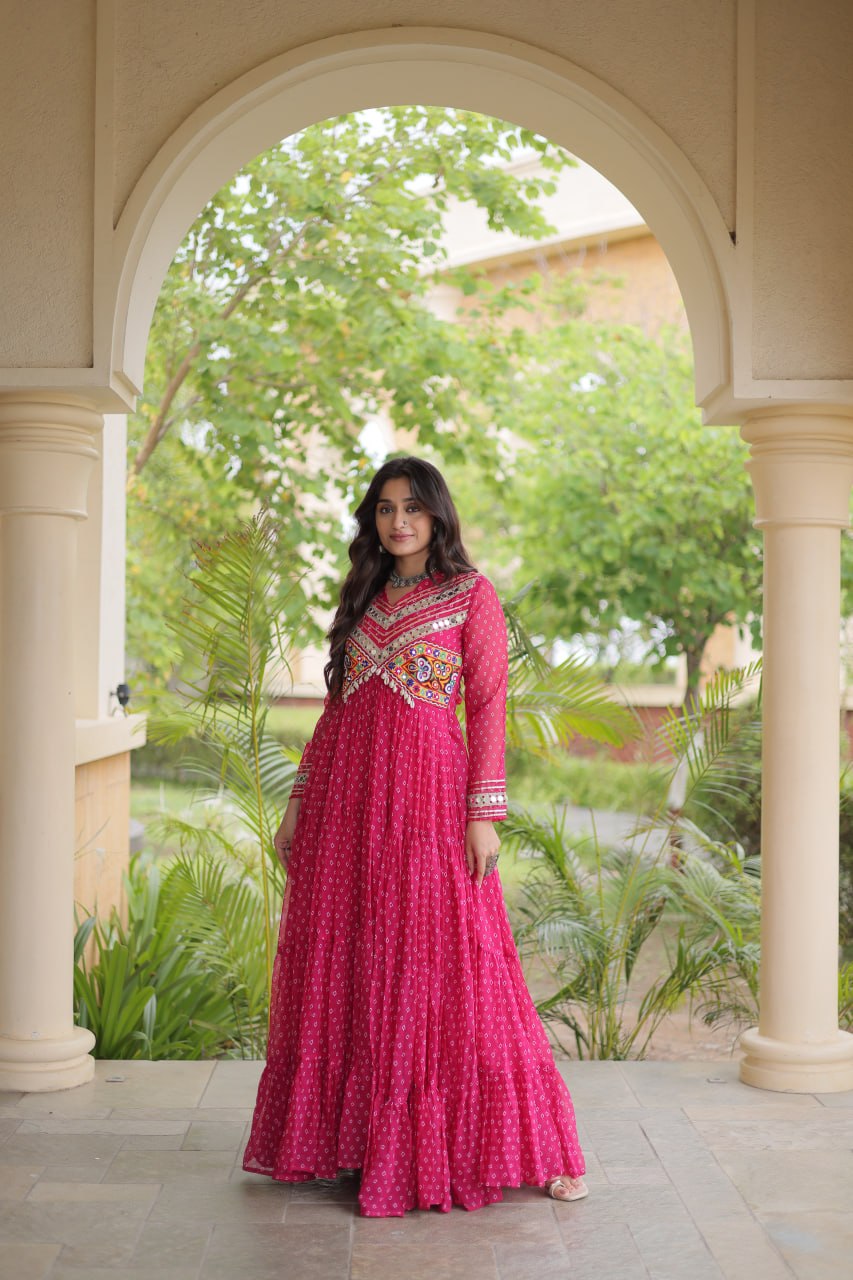 RangBhoomi Bandhani & Kutchi Patchwork Faux Georgette Gown — Navratri Special