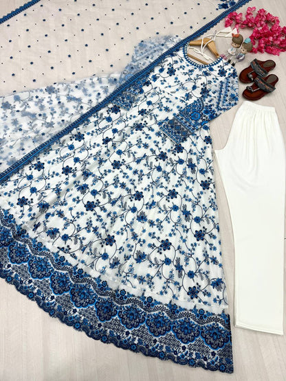 Elegant Party Wear Heavy Faux Georgette Gown with Organza Dupatta and Micro Cotton Bottom Set