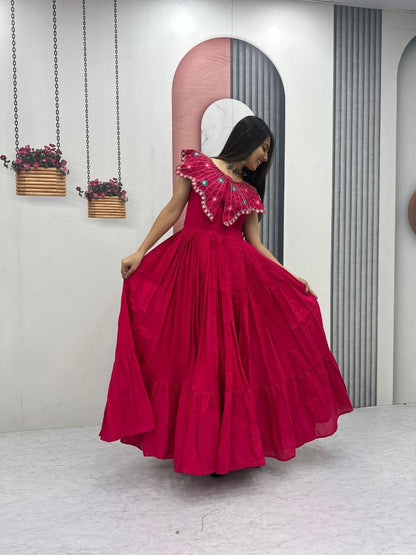 Trendy Hand-Embroidered Roman Fabric Gown with Soft Micro Cotton Lining, Fully Stitched, Available in Sizes M to XL and Beyond