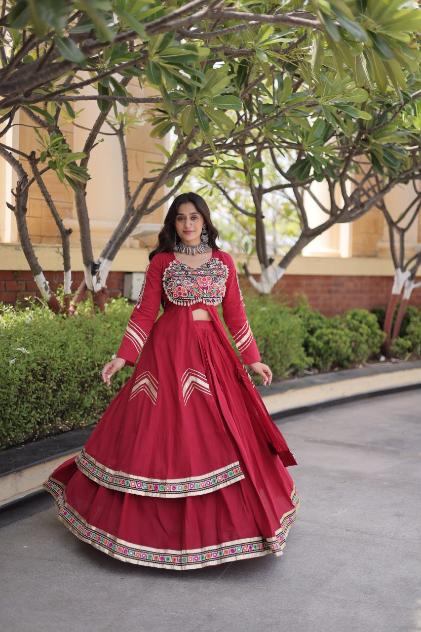 RangBhoomi Feather-Light Jacket Lehenga Set – Lotus Handwork, Long Jacket Ready-to-Wear