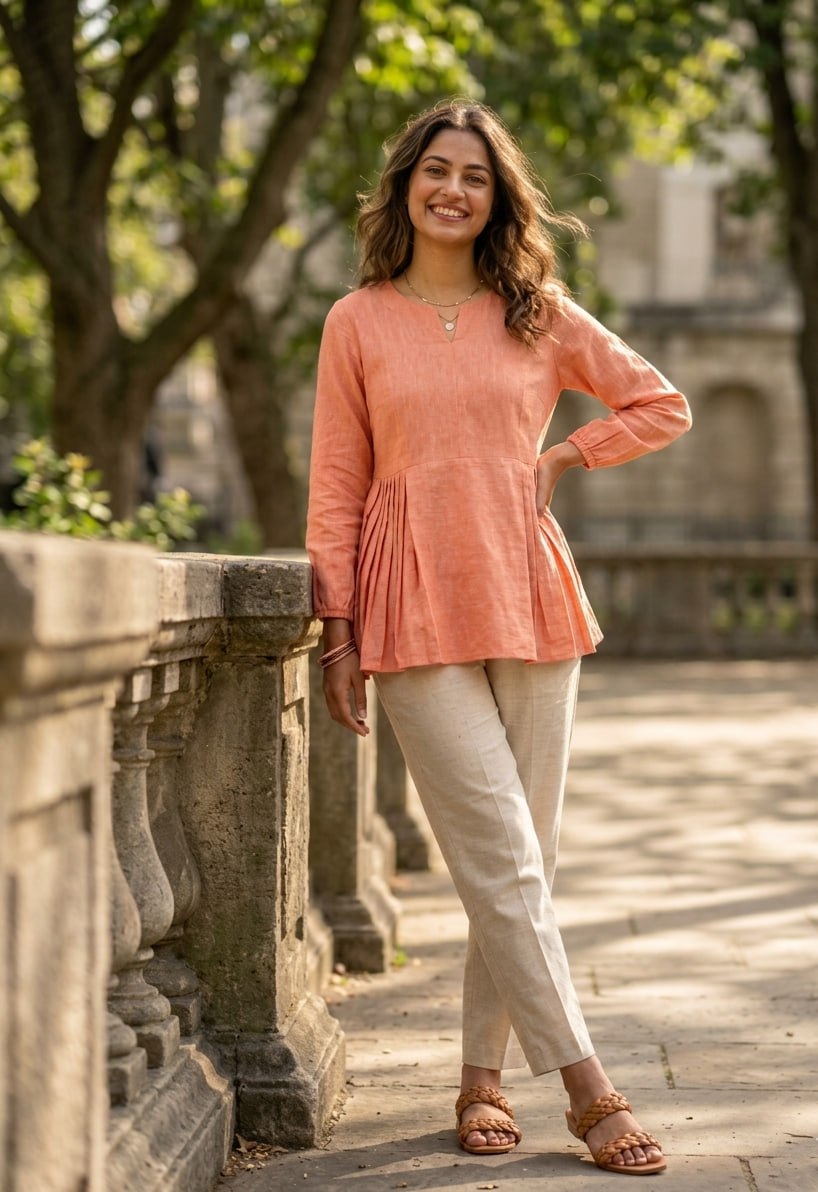 RangBhoomi Elegant Linen Cotton Top and Pant Set – Full-Sleeve Frill Stitch Top with Elastic Waist Pants in Parrot, Peach, and Yellow