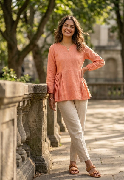 RangBhoomi Elegant Linen Cotton Top and Pant Set – Full-Sleeve Frill Stitch Top with Elastic Waist Pants in Parrot, Peach, and Yellow