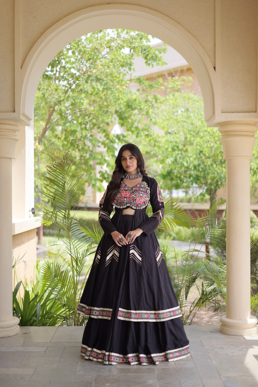 RangBhoomi Feather-Light Jacket Lehenga Set – Lotus Handwork, Long Jacket Ready-to-Wear