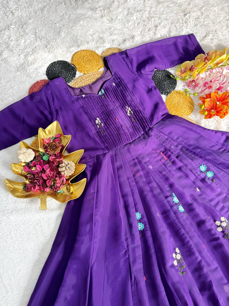Embroidered Mull Cotton Festival Gown – Elegant Fully Stitched Celebration Wear