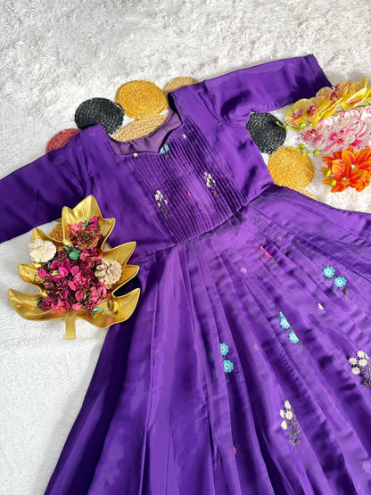 Embroidered Mull Cotton Festival Gown – Elegant Fully Stitched Celebration Wear