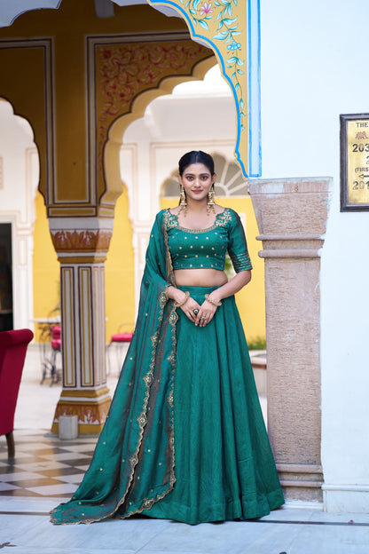 Emerald Royal Elegance – Stunning NC Silk Lehenga with Sequined Embroidery and Elegant Dupatta