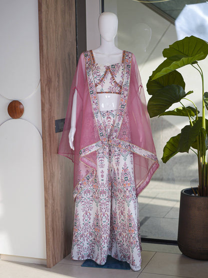 RangBhoomi Designer Indo-Western Luxury Edit — Floral Printed French Crepe Top with Palazzo & Organza Cape