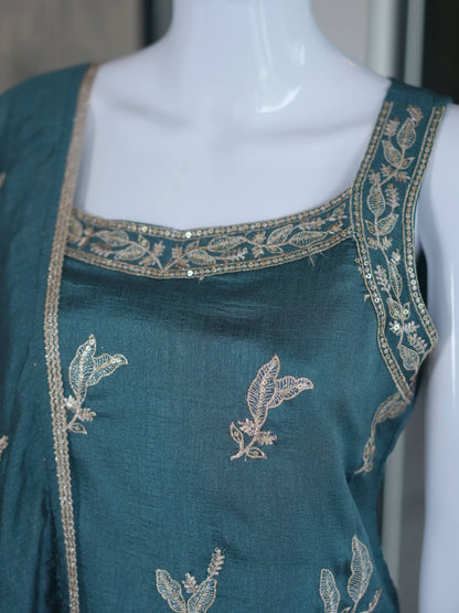 Designer Fusion Style Luxury Edition Women's Ethnic Ensemble – Vichitra Silk Embroidered Top, Palazzo, and Heavy Lace Dupatta