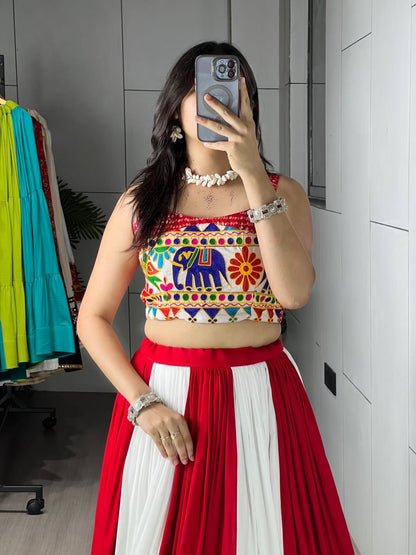 RangBhoomi Red & White Chaniya Choli Set — Festive Garba Lehenga (Pure Rayon Cotton, Fully Stitched)