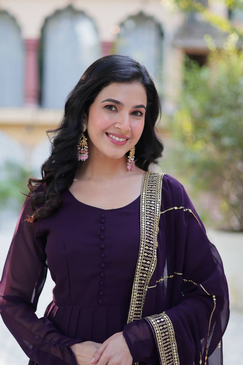 Embroidered Faux Blooming Gown with Dupatta