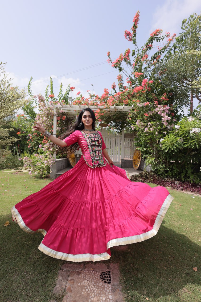 RangBhoomi Navratri 2026 Kora Cotton Full-Stitched Lehenga & Blouse Set — L (40", Adjustable 38–44)