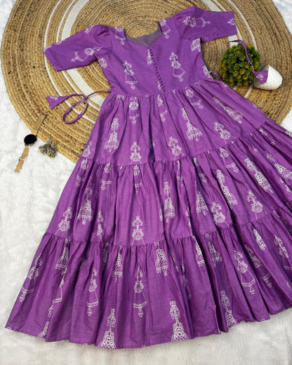 RangBhoomi Exclusive Hand-Block Printed Pure Cotton Warli Art Maxi Gown with Side Pocket
