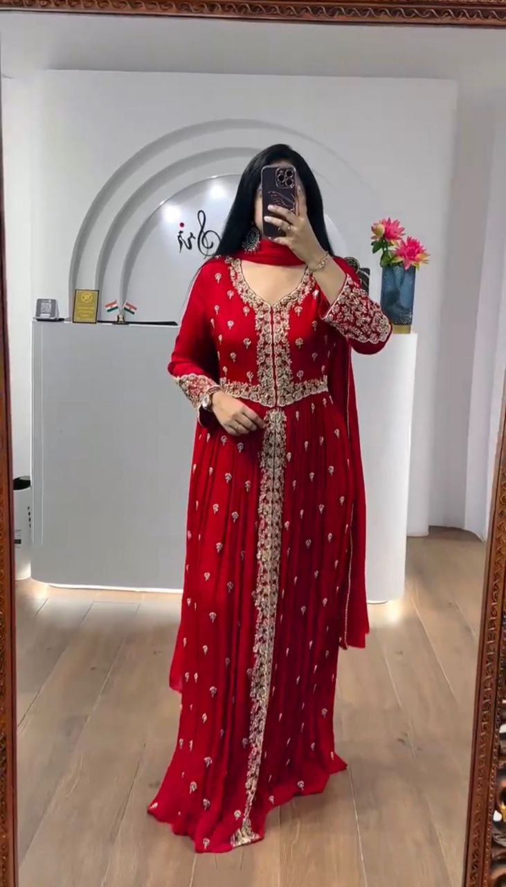 Exclusive Embroidered Fox Georgette Gown with Matching Dupatta