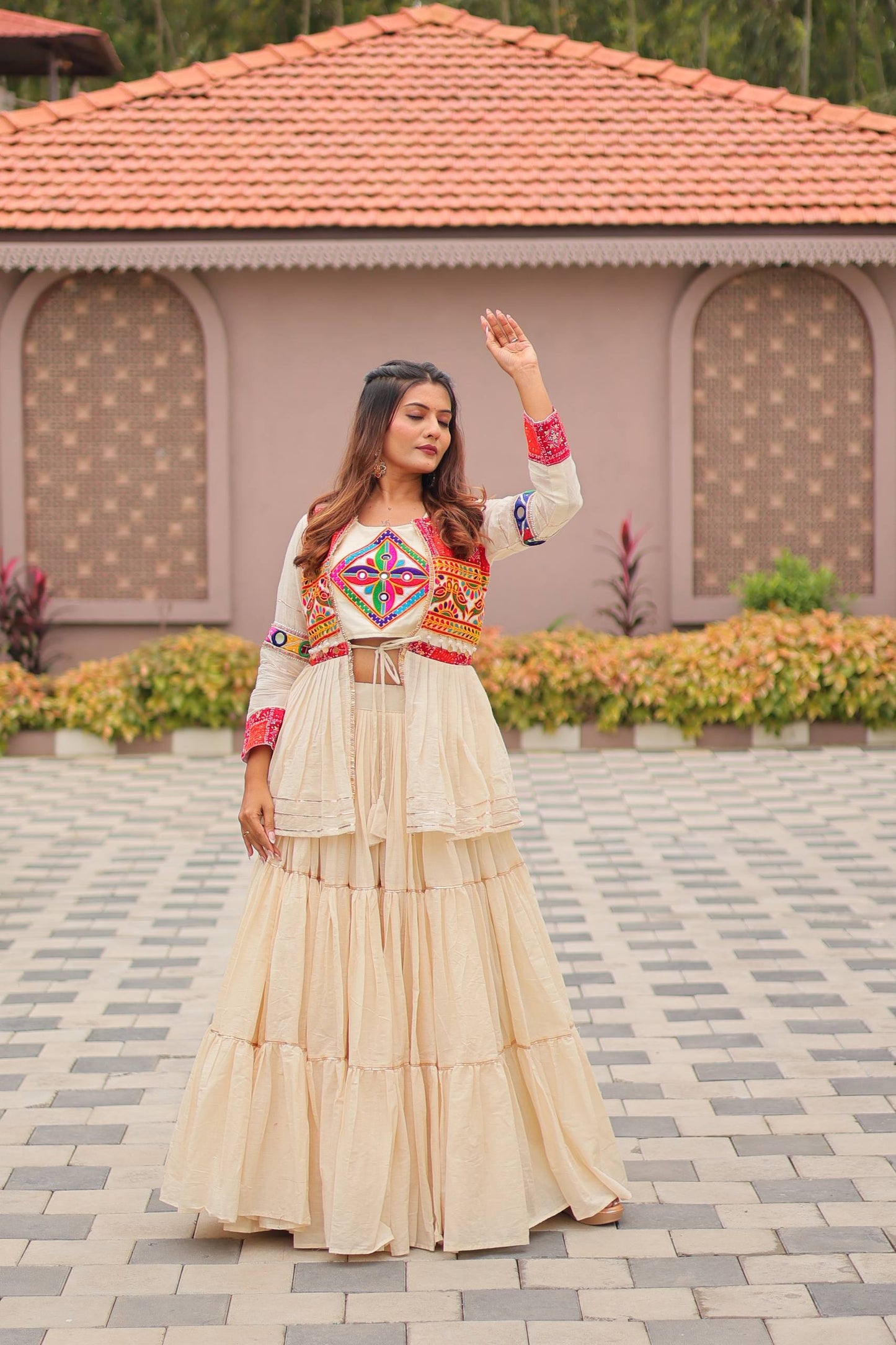 Navratri Special Gamthi Embroidery Lehenga Choli with Mirror and Ribbon Lace – Pure Cotton, Fully Stitched, 9 Meter Flair