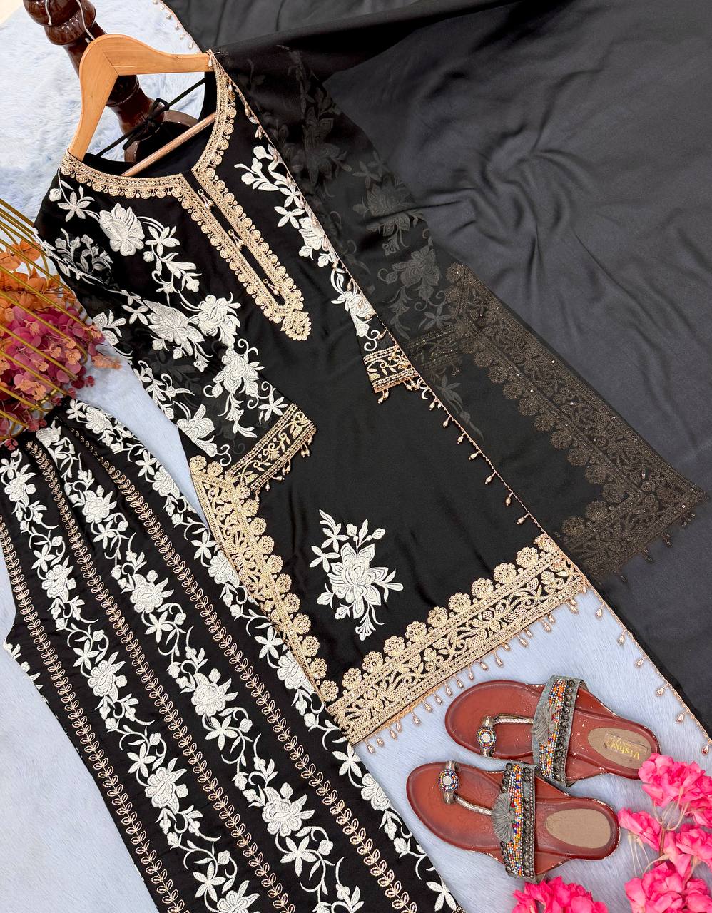 RangBhoomi Designer Party Wear Heavy Star Georgette Top, Plazzo & Dupatta Set