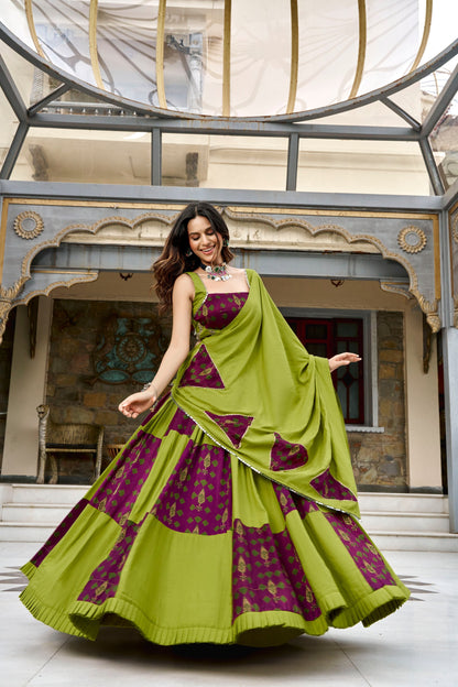 RangBhoomi Navratri 2026 Rayon Ajrakh Lehenga with Mirror Lace & Tassel Dupatta