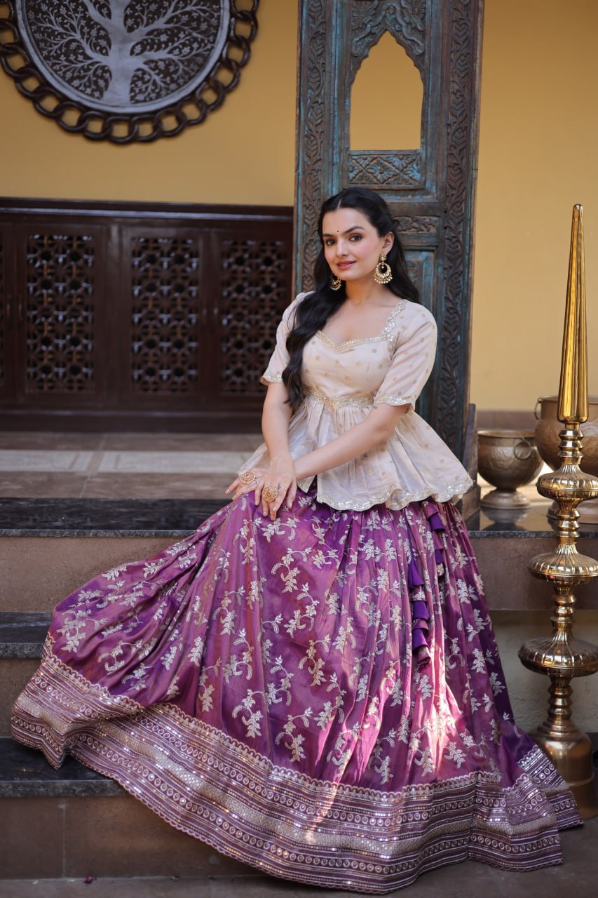 RangBhoomi Designer Dyeable Viscose Jacquard Lehenga Choli Set - Parrot & Wine