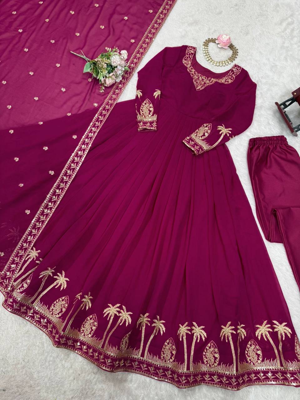 RangBhoomi Elegant SP Series Gown Set with Realistic Modeling - Faux Georgette & Microfiber Fabric, Thread and Sequence Embroidery