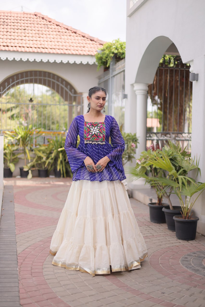 RangBhoomi Navratri Lehenga Choli Set — Kora Cotton Frill with Laheriya Print