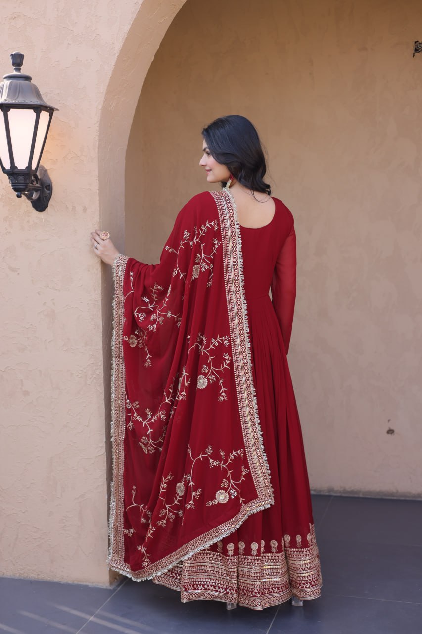 RangBhoomi Premium Maroon Embroidered Faux Blooming Ready‑Made Gown with Dupatta
